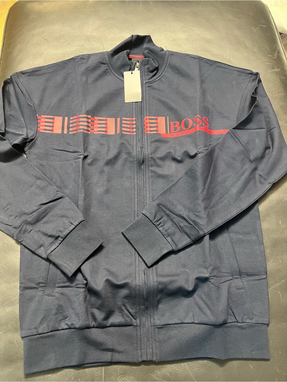 BOSS Navy Track Jacket with Red Chest Stripe